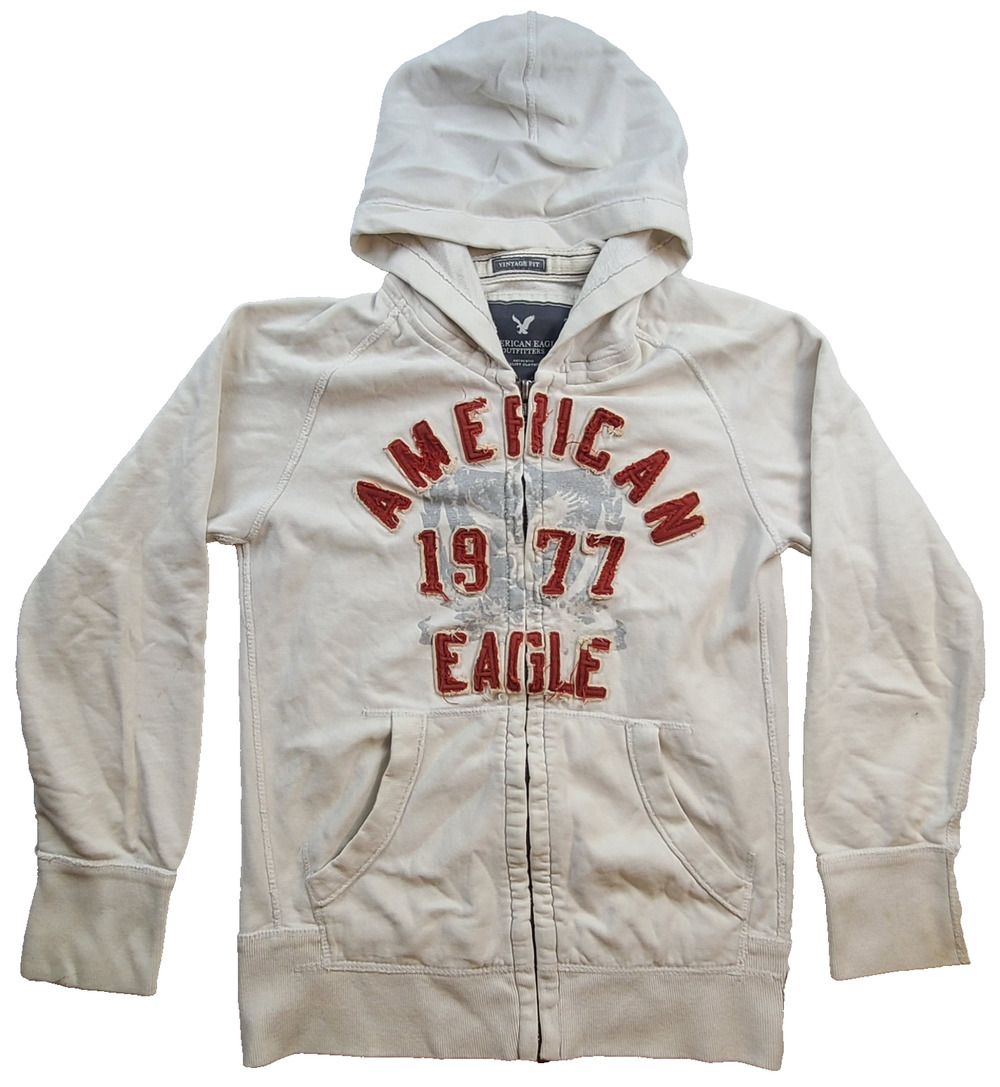 American Eagle Vintage Fit Hoodie Men’s M Cream Distressed Full Zip Spellout